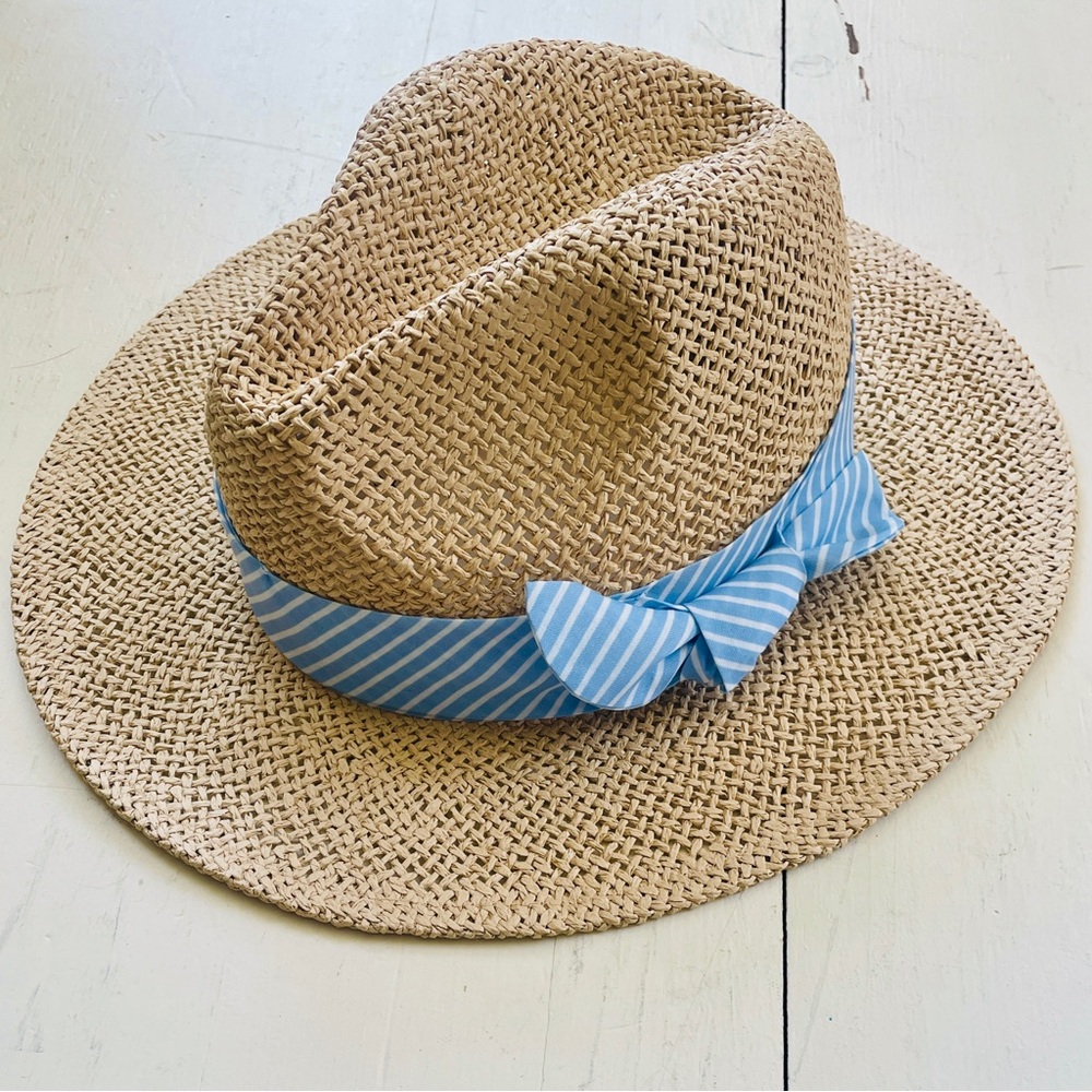 LOFT Straw Hat with Striped Blue Ribbon and Bow M/L